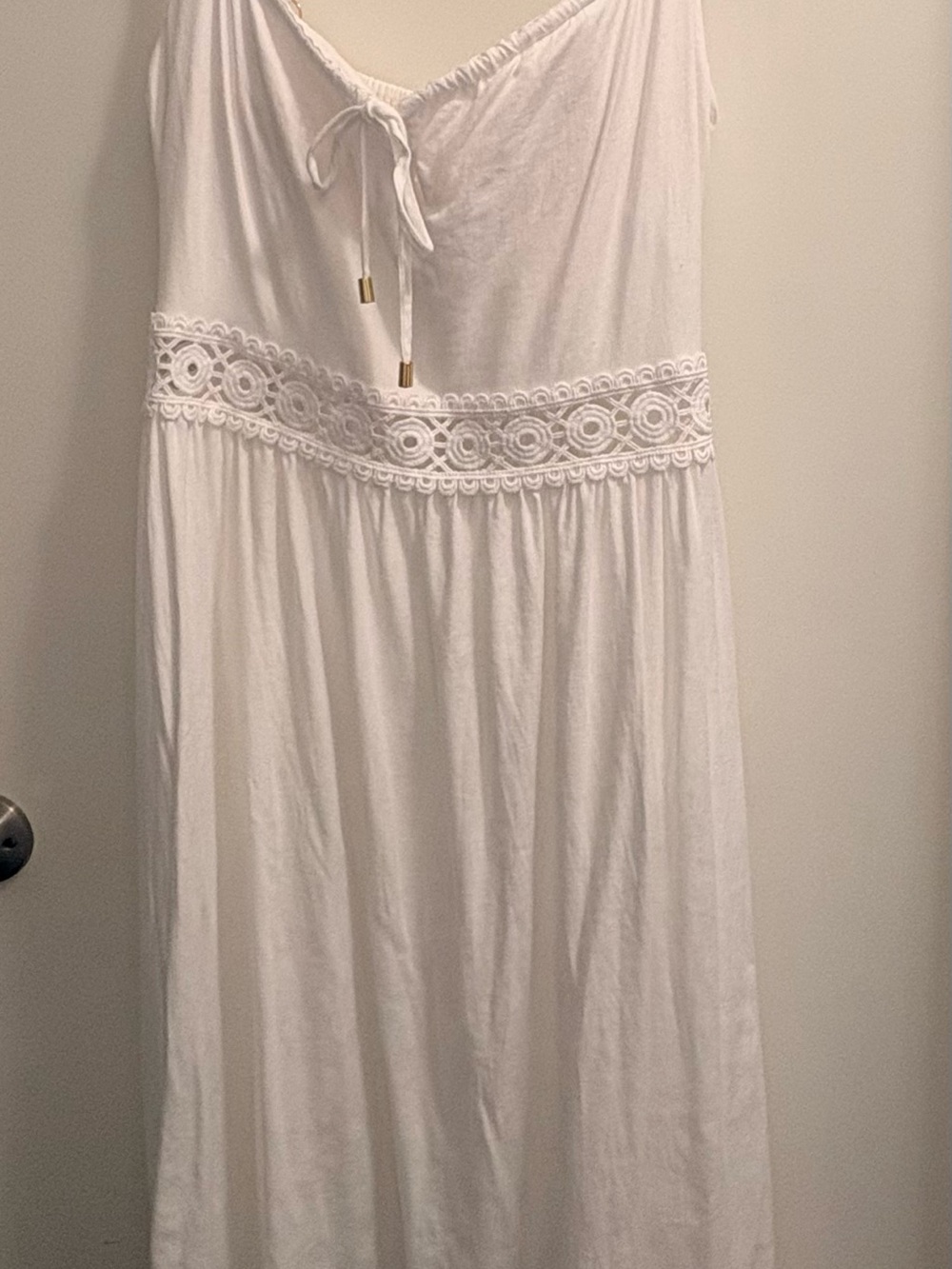 La Blanca White Maxi Dress with Crochet Waist detail, adjustable straps.
